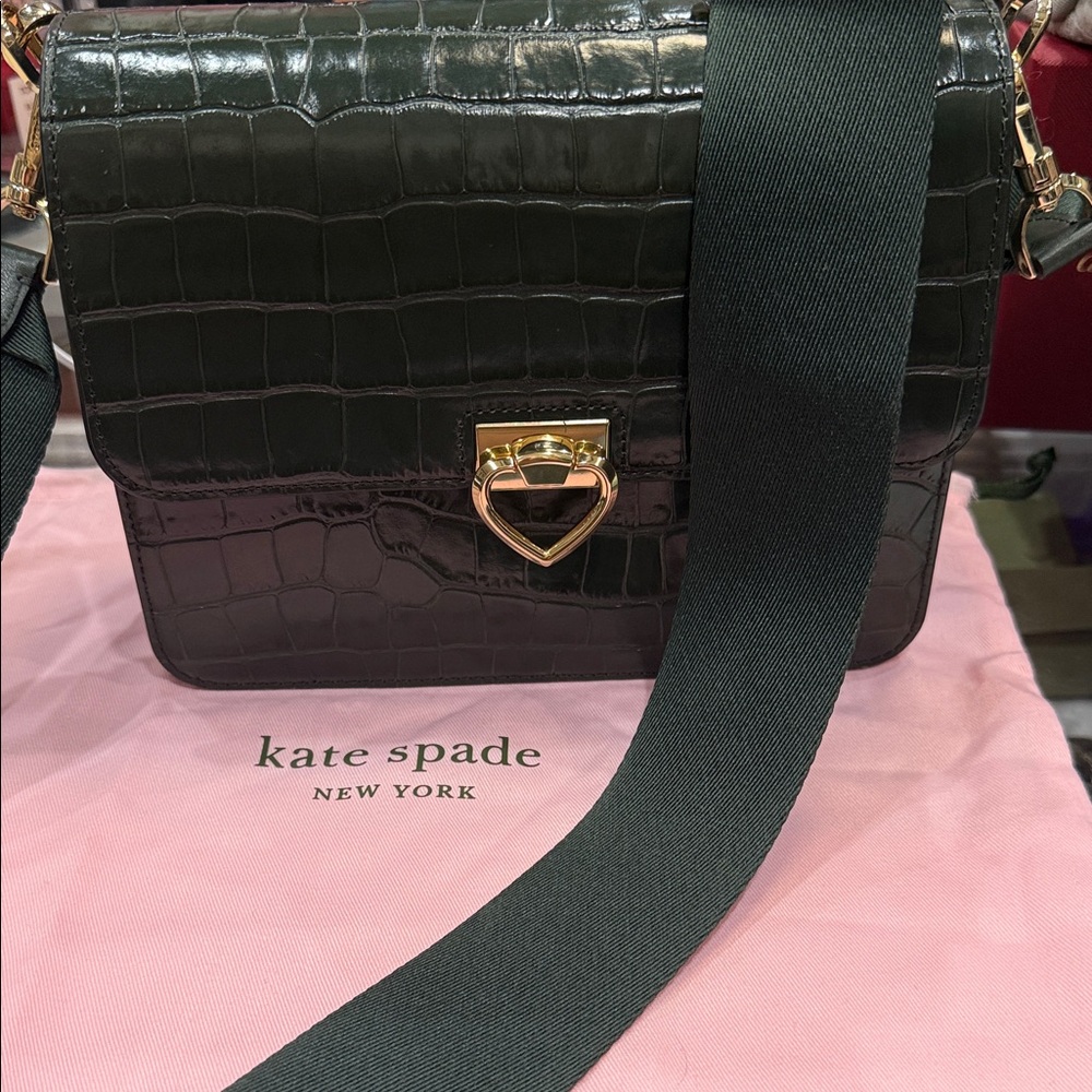 kate spade Black Croc-Embossed Crossbody with Gold Heart Lock